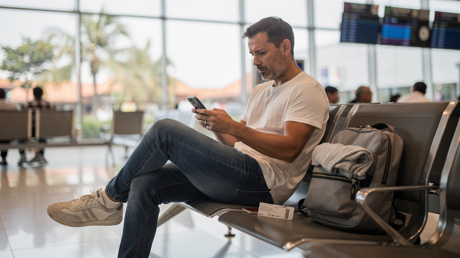 A digital nomad at Ngurah Rai Airport, Bali, checking flight details on their phone while a boarding pass and passport lie next to a small backpack, depicting seamless multi-country travel preparation.