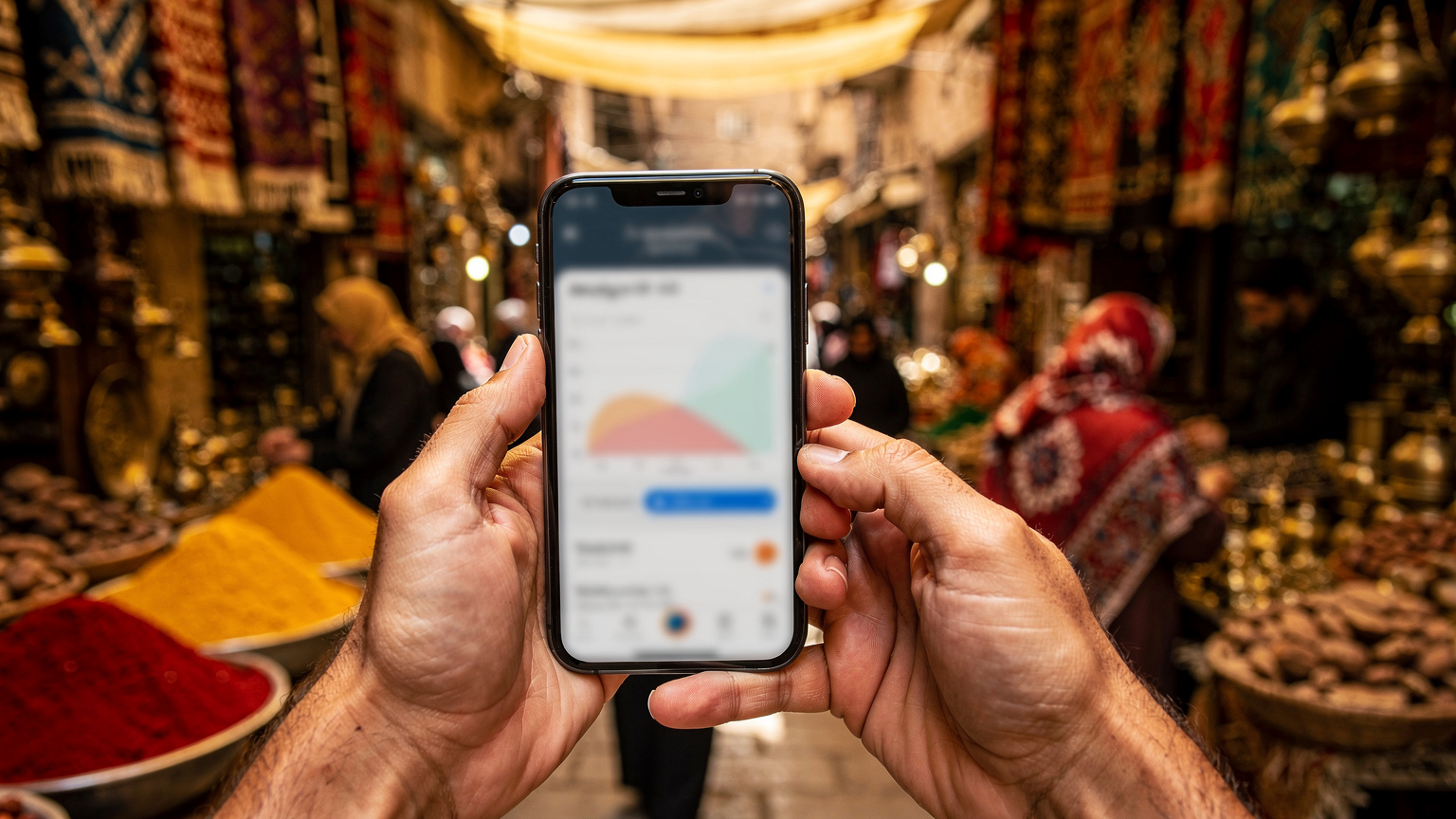 Ruce cestovatele drží telefon s otevřenou aplikací pro sledování spotřeby dat, zatímco v pozadí je rozmazané tržiště v Káhiře s typickými kořením a látkami.