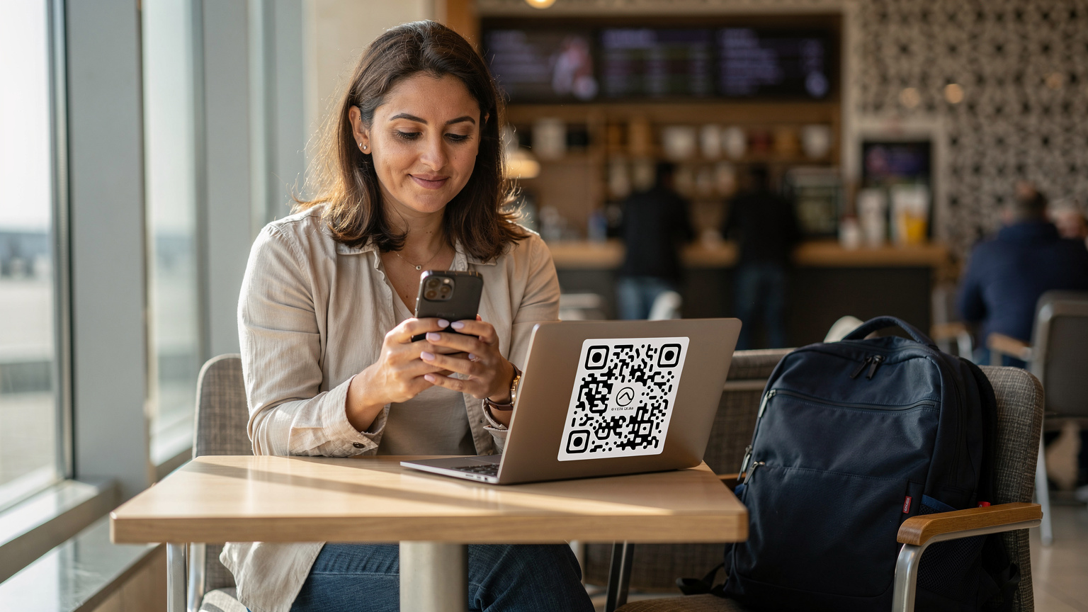 Cestovatelka si instaluje eSIM na svůj telefon v klidném koutě letiště, s digitálním QR kódem na obrazovce notebooku, cítí se uvolněně a připraveně.