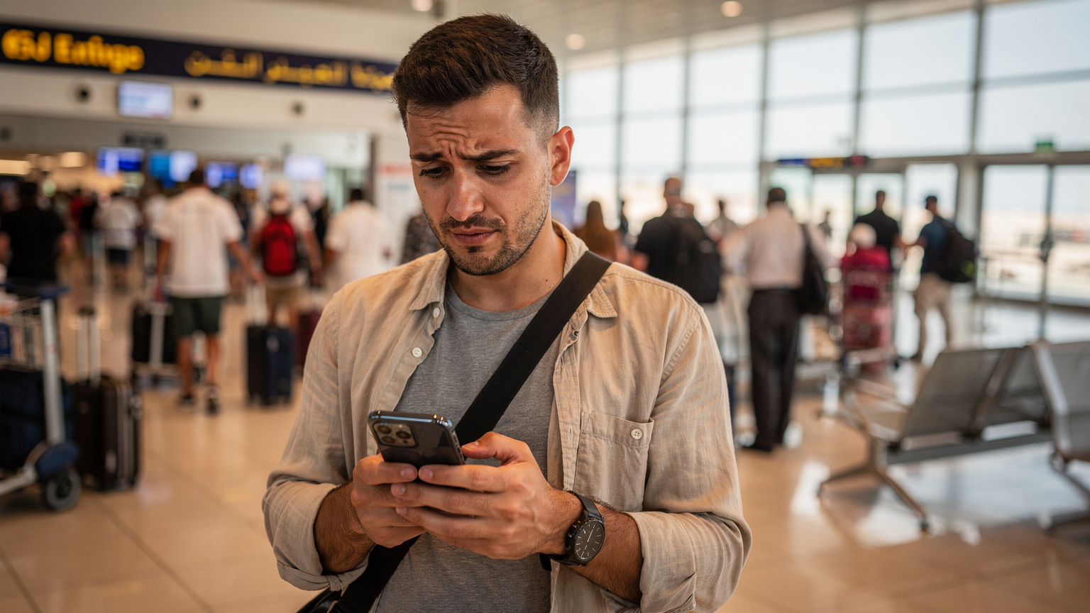Turista si v Hurghadě kontroluje zbývající data na svém telefonu po zakoupení SIM karty na letišti, s drobnými obavami ve tváři.