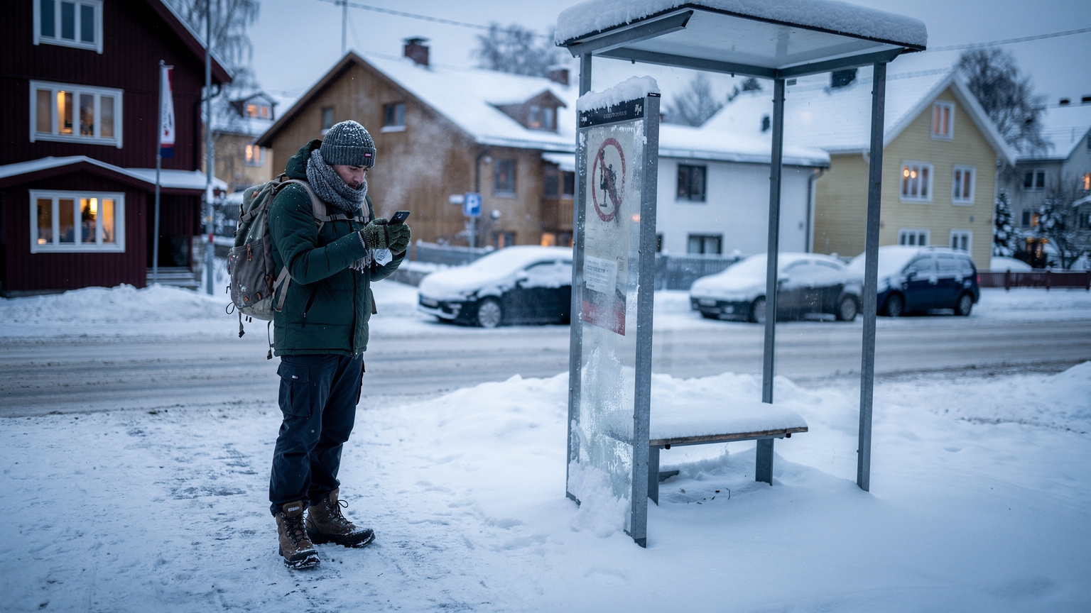 A traveler looks concerned at their phone, displaying a 'no service' icon, while standing outside a bus stop in a snowy, quiet residential area of Oslo.