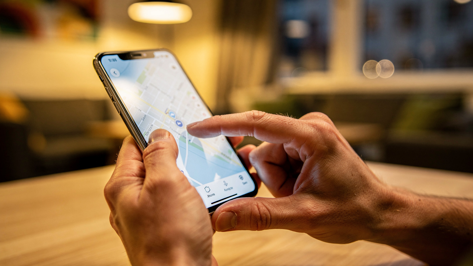 Close-up of hands holding a smartphone, with a blurred map of Oslo on the screen, indicating active navigation. The background shows a cozy, warmly lit hostel common area.