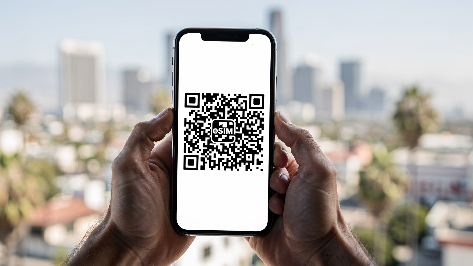 Ręce trzymające smartfon z ekranem aktywacji eSIM, na tle panoramy Los Angeles w oddali.
