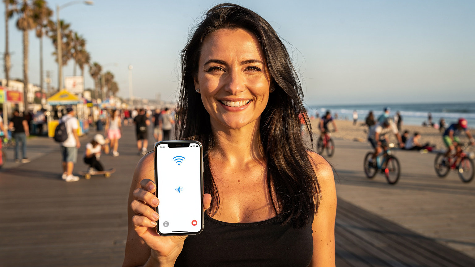 Uśmiechnięta kobieta z Polski, Magdalena Lewandowska, trzymająca smartfon z aktywnym eSIMem, na tle tętniącego życiem Venice Beach w Los Angeles.