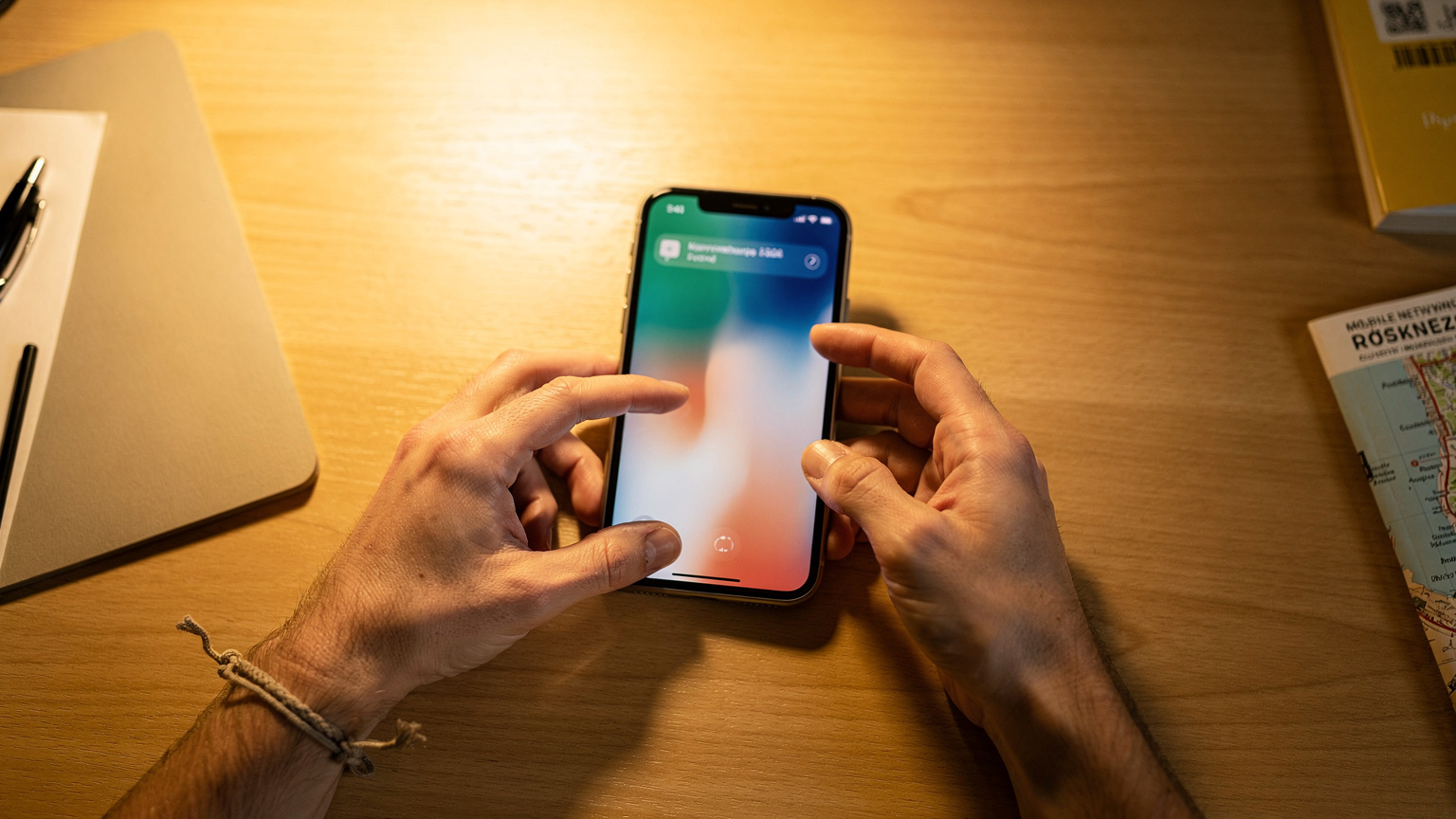 Ręce turysty trzymające smartfon, na którym wyświetlone są ustawienia sieci komórkowej, z opcją wyboru eSIM jako domyślnej dla danych.