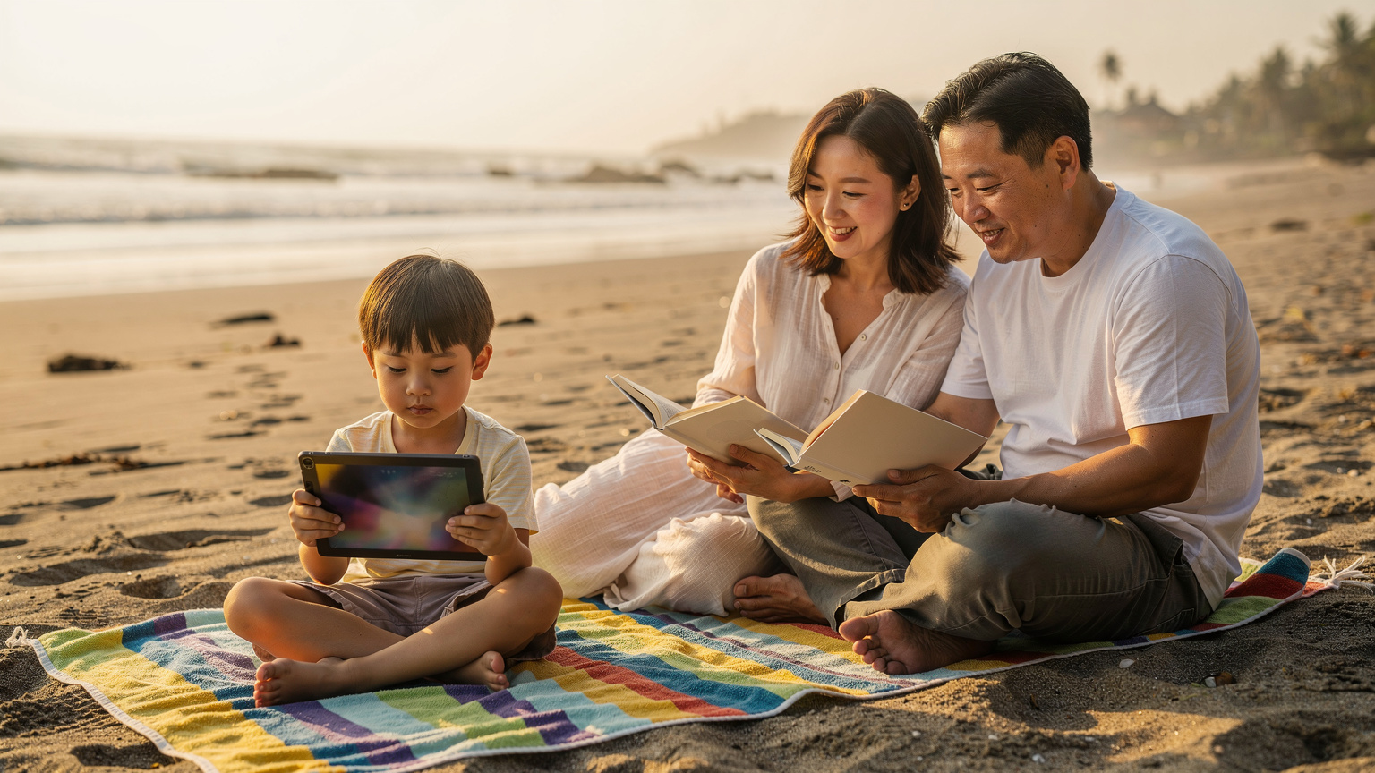 발리의 한 해변에서 아이가 조용히 아이패드를 보고 있고, 그 옆에서 부모가 편안하게 독서를 하고 있는 모습.