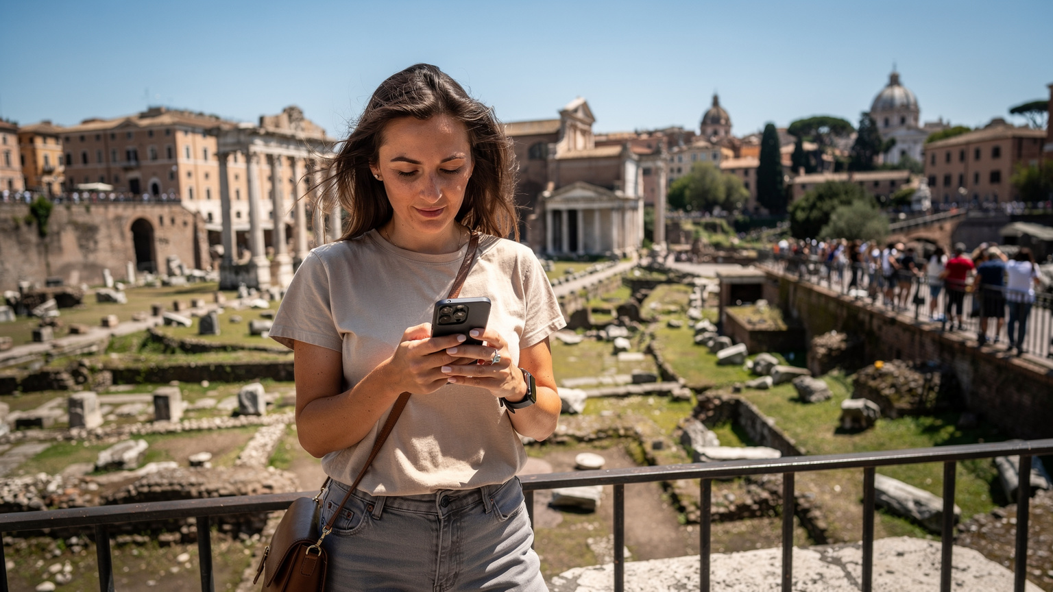 A woman casually using her smartphone, likely checking directions, with the ancient Roman Forum visible in the background, hinting at seamless navigation through historical sites.