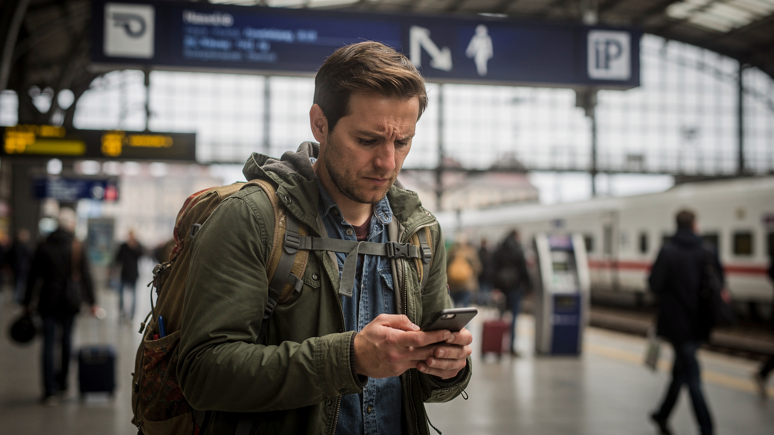 A traveler standing near a large, blurred train station sign in a busy European city, looking at their phone with a concerned expression, possibly due to a connectivity issue.