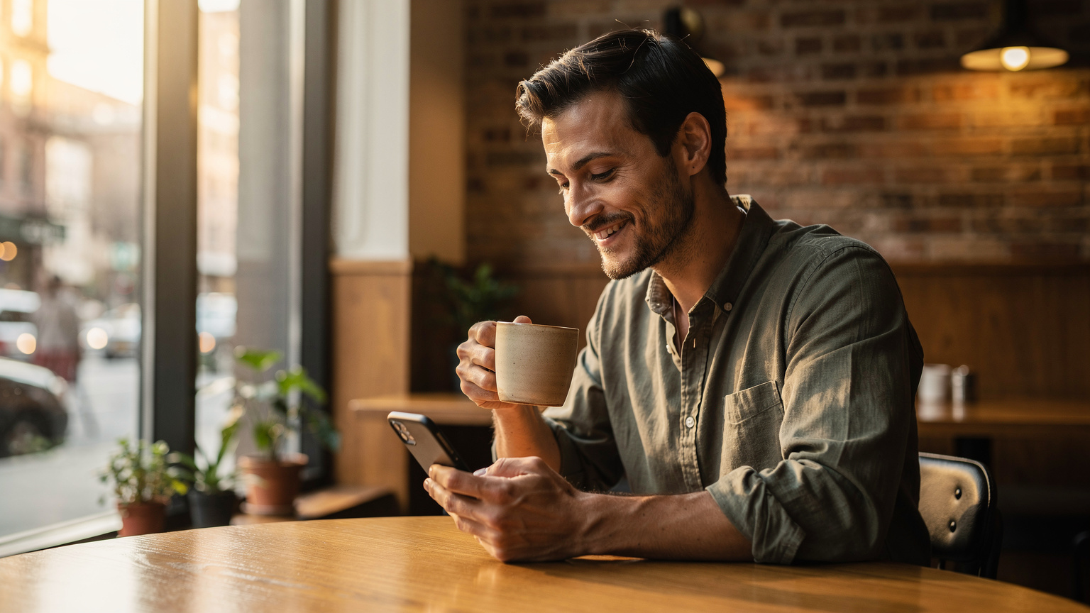 Seorang pria berambut gelap dengan kemeja kasual sedang menikmati secangkir kopi di sebuah kedai kopi bergaya modern di distrik West Village, New York, sambil melihat ponselnya dan tersenyum, dengan cahaya pagi yang hangat masuk dari jendela besar.