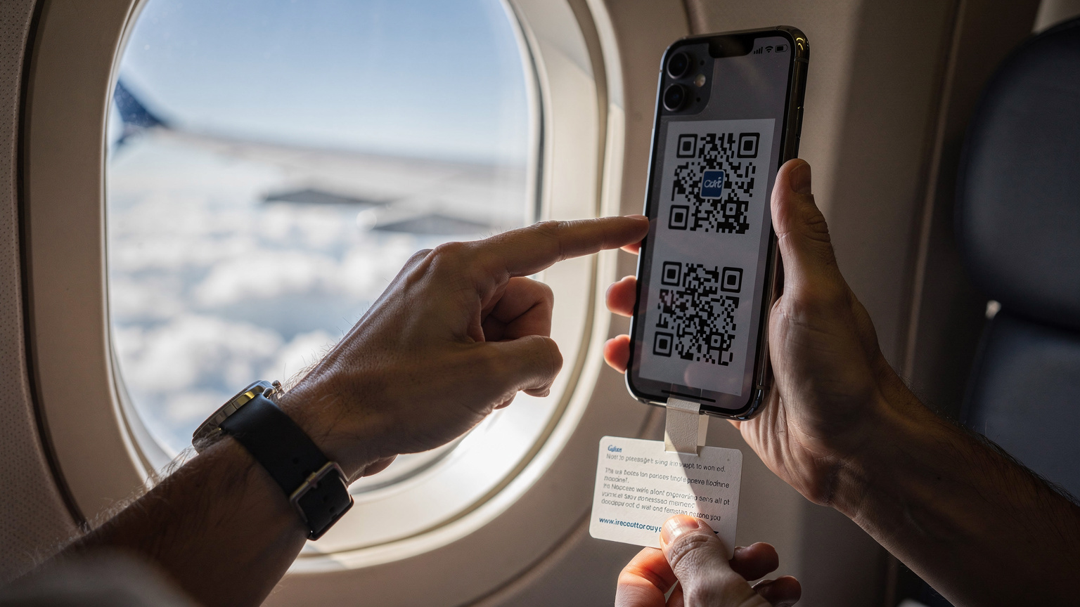 Tangan seorang pelancong sedang memindai kode QR eSIM dari ponsel lain atau selembar kertas, dengan latar belakang jendela pesawat yang menunjukkan sayap pesawat di atas awan, menandakan persiapan sebelum mendarat.