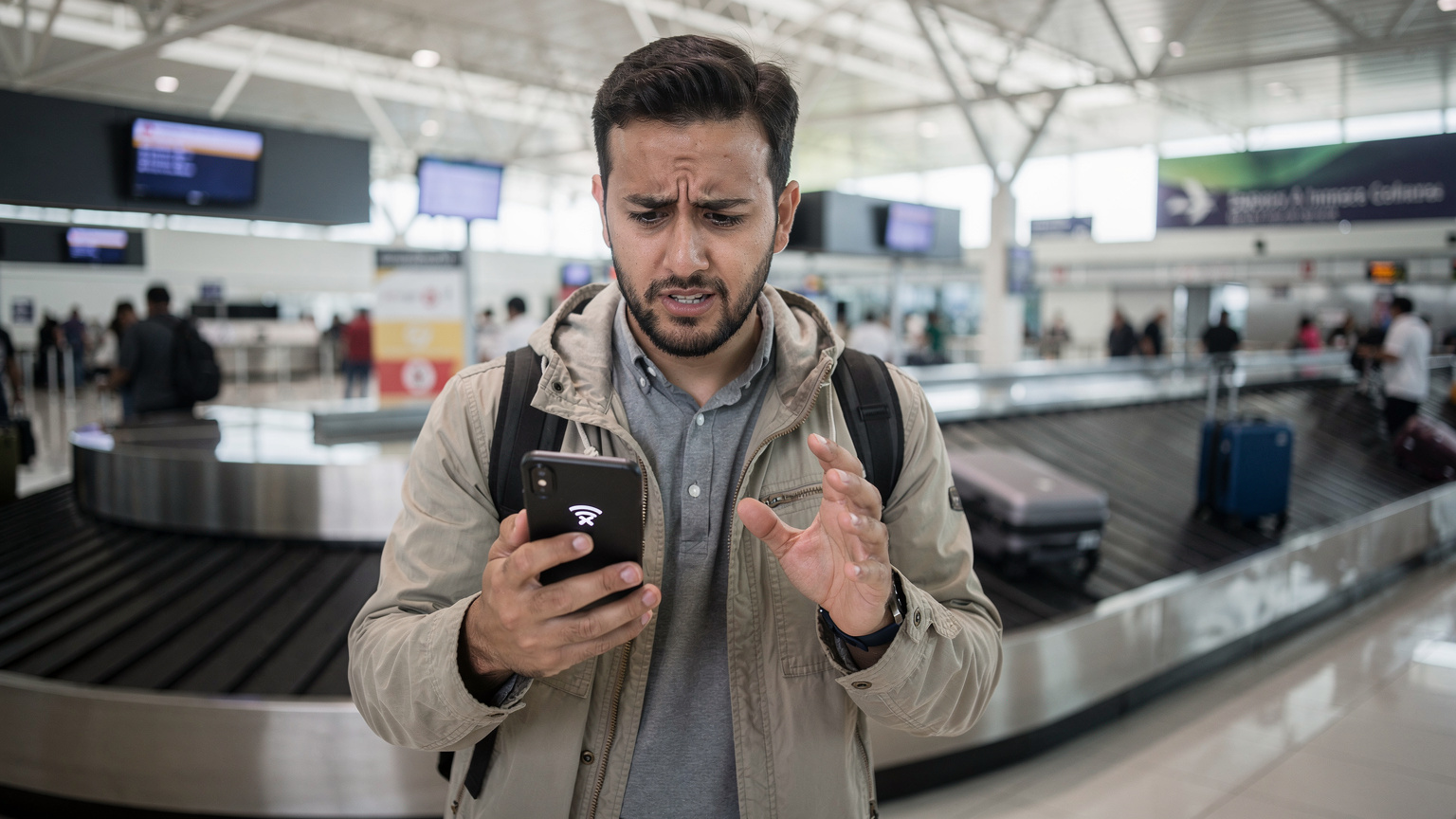 Ein Reisender, der gerade am Flughafen von Mexiko-Stadt (MEX) angekommen ist, schaut besorgt auf sein Smartphone, da er keine sofortige Verbindung hat.