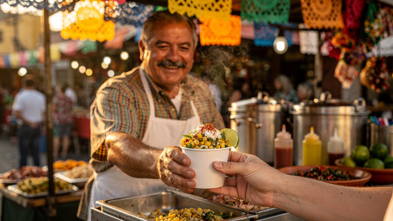 Ein lächelnder mexikanischer Straßenverkäufer reicht einem Touristen an einem lebhaften Marktstand in Coyoacán eine frische Tasse Esquites (Maissalat).
