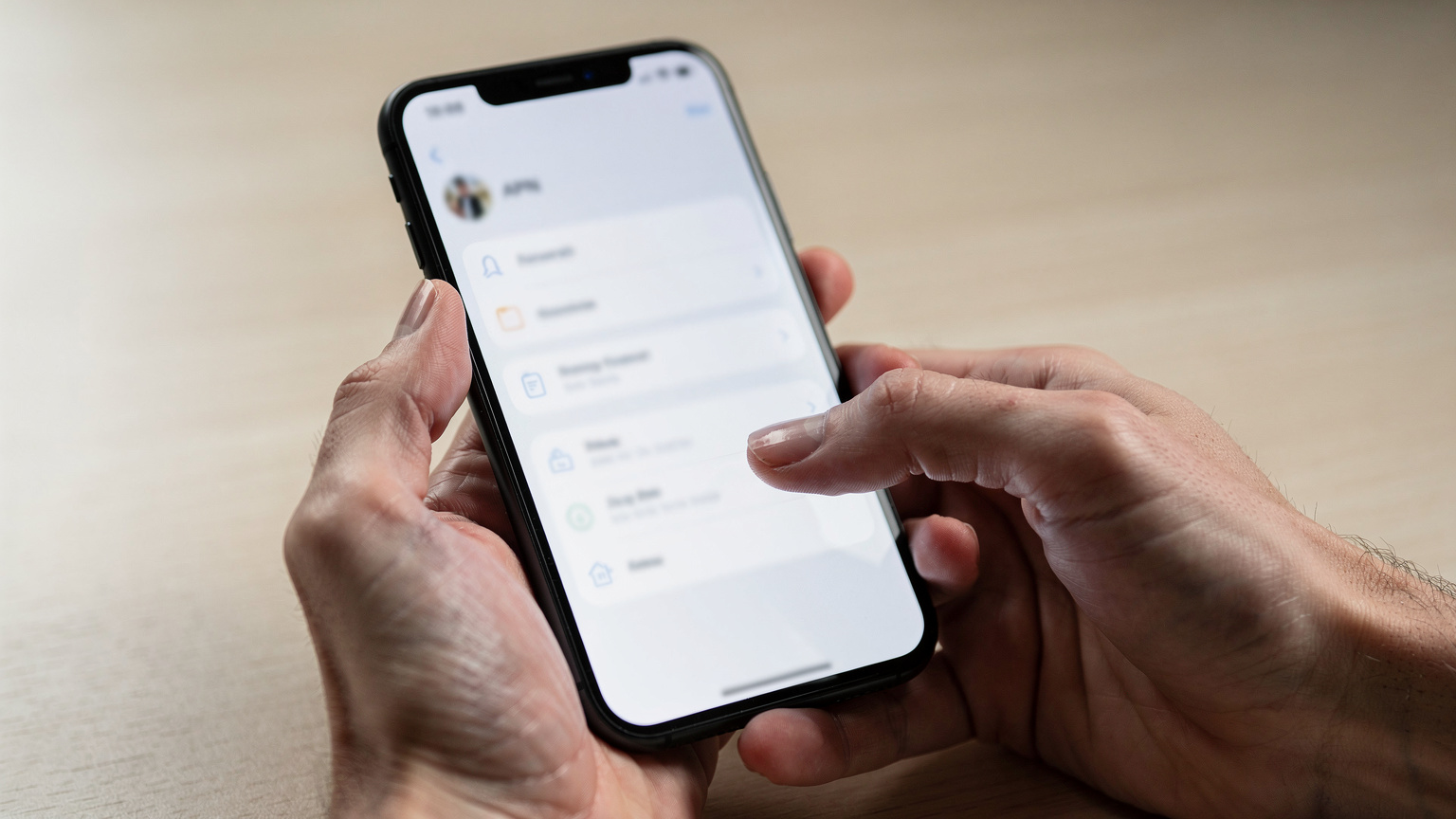 Nahaufnahme der Hände einer Person, die auf einem Smartphone-Bildschirm durch die Einstellungen einer eSIM navigiert, um die APN-Parameter zu überprüfen. Der Bildschirm zeigt unscharfe Textfelder an.