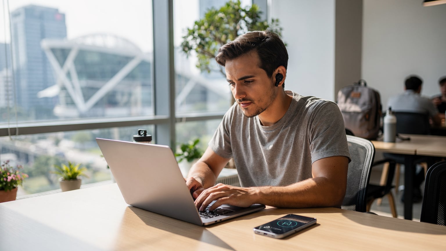 A digital nomad works diligently on a laptop at a modern co-working space in Singapore, with a smartphone displaying an eSIM status next to them, illustrating seamless connectivity.