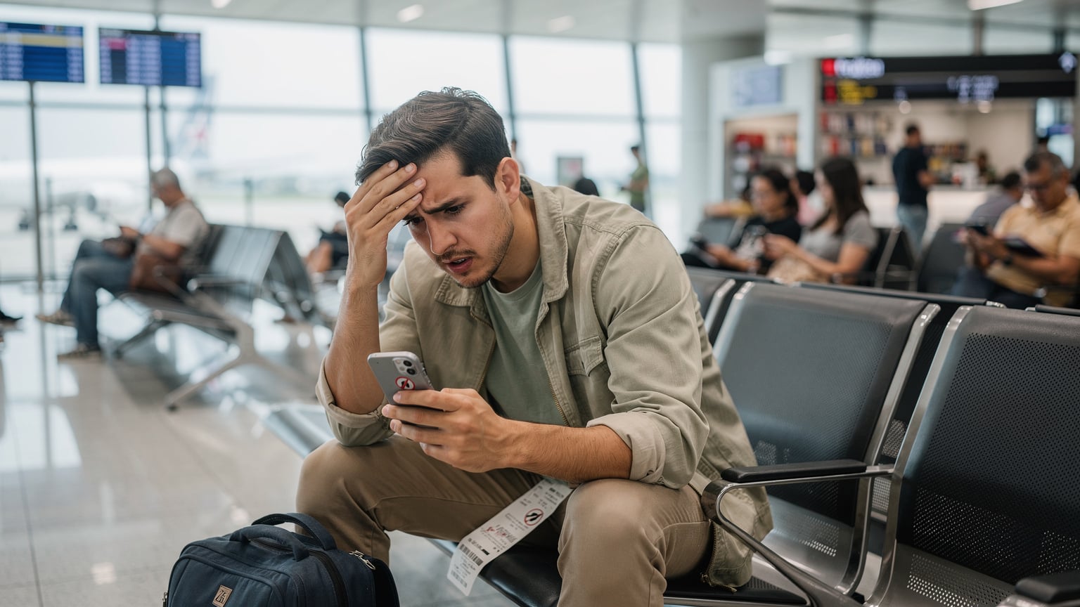 A frustrated traveler at an airport gate, looking concerned at their smartphone with a 'No Service' error, while other passengers around them are calmly using their devices.