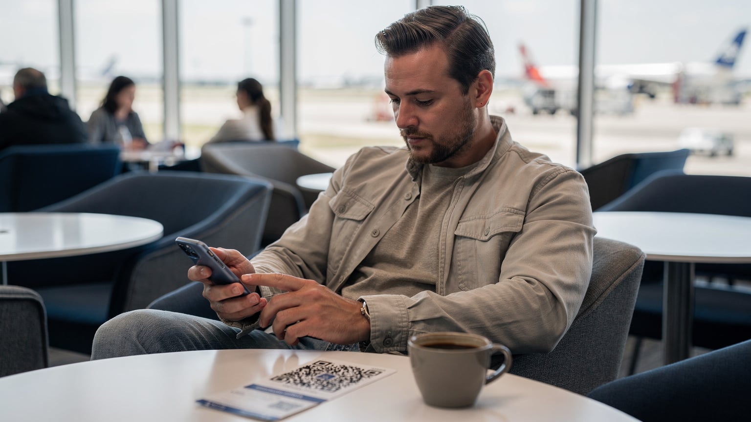 A traveler in a busy airport lounge calmly activating their eSIM by scanning a QR code on their smartphone screen, with a boarding pass and coffee nearby.