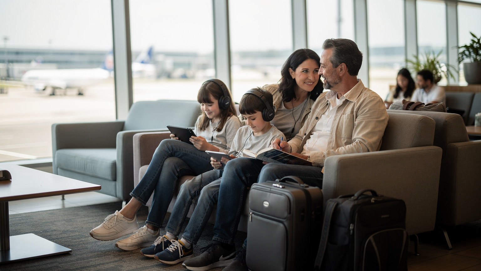 A family of four, parents and two children, sitting comfortably at a gate in Seoul's Incheon International Airport, the children absorbed in their tablets with headphones, while the parents look relaxed and chat, symbolizing easy travel with pre-planned connectivity.