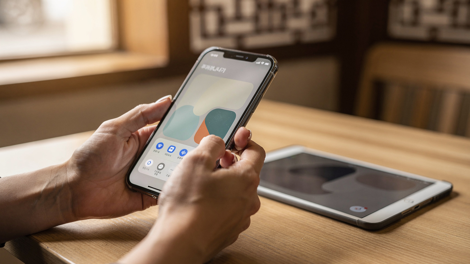 A close-up of a parent's hands holding an iPhone 17, actively setting up a personal hotspot, with a child's iPad visible in the background, both devices resting on a table in a warm, inviting Korean cafe.