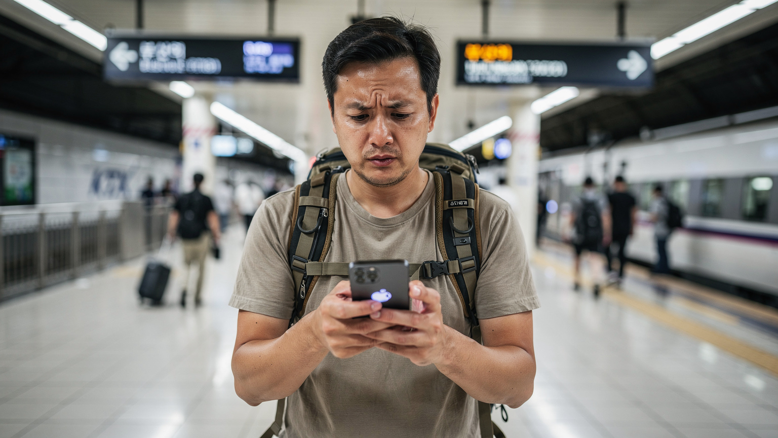 A traveler, wearing a backpack, looks with a slightly worried expression at their iPhone 17 screen, which shows a 'No Service' message, while standing on a busy train platform in Busan, conveying a moment of connectivity frustration.