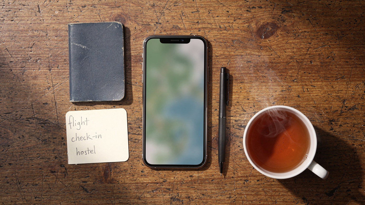 An overhead flat-lay shot of a minimalist travel setup: a smartphone displaying a map, a passport, a small notepad and pen, and a cup of tea, arranged on a rustic wooden table, embodying efficient travel planning.