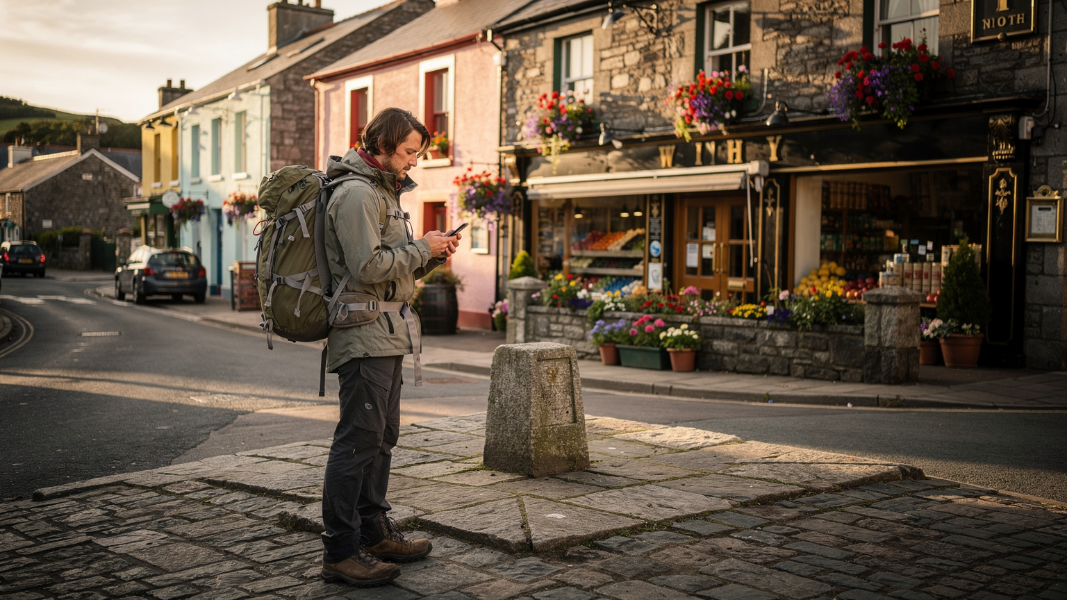 A backpacker consults their smartphone map while standing at a historic stone crossroads in a small, traditional Irish village, with a vibrant pub and local shops in the background.