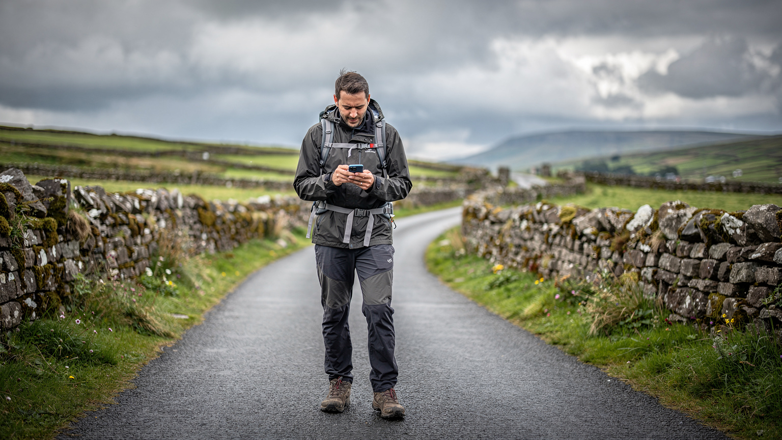 A backpacker confidently checks their phone for directions while standing on a windswept, rural road along Ireland's Wild Atlantic Way, with rolling green hills and stone walls in the background.