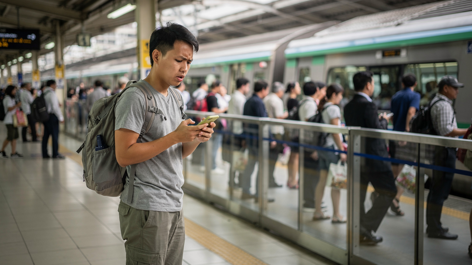 Seorang traveler muda Asia, dengan tas ransel, sedang melihat ponselnya dengan ekspresi cemas atau bingung di peron stasiun kereta api yang ramai di Bangkok, Thailand, saat jam sibuk.