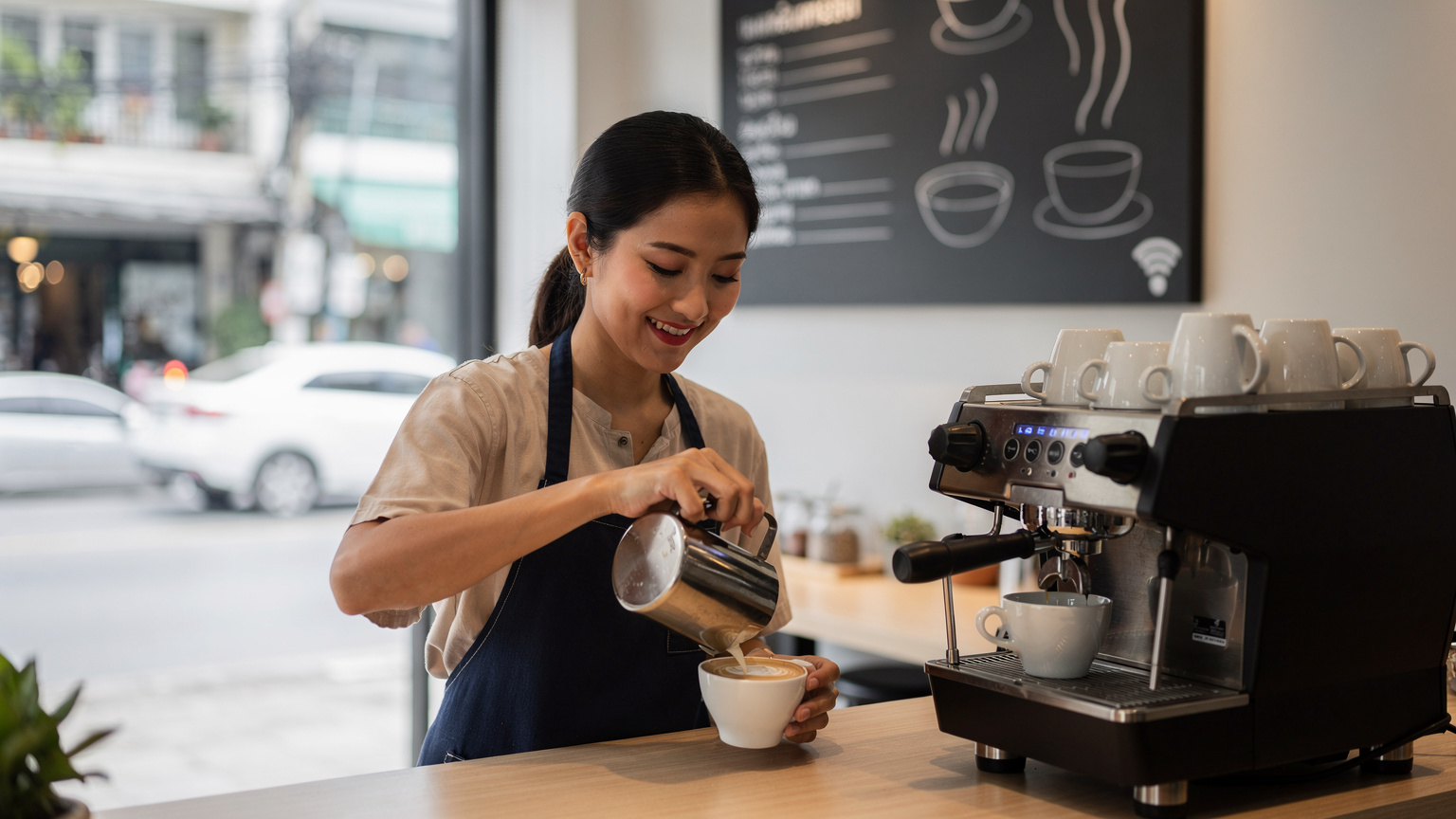 Seorang barista wanita Thailand sedang tersenyum ramah saat menyiapkan kopi di sebuah kedai kopi modern di Bangkok, dengan papan menu yang jelas dan logo WiFi yang samar di latar belakang.
