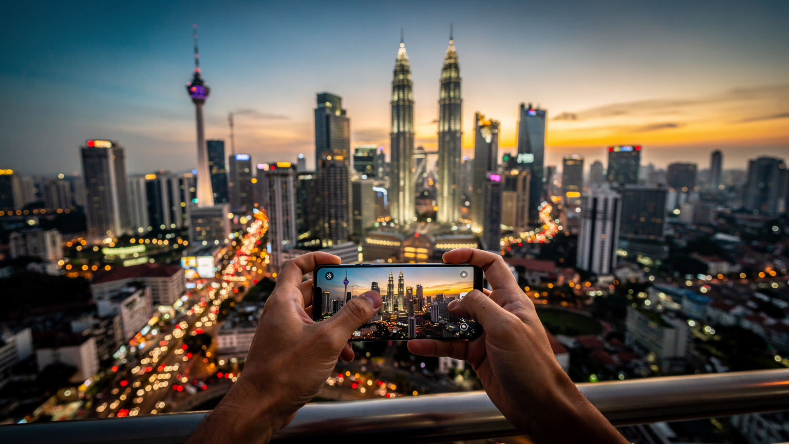 Tangan seorang pria Asia sedang memegang ponsel pintar di atas dek observasi, dengan latar belakang pemandangan kota Kuala Lumpur yang ikonik termasuk Menara Kembar Petronas dan KL Tower saat senja.