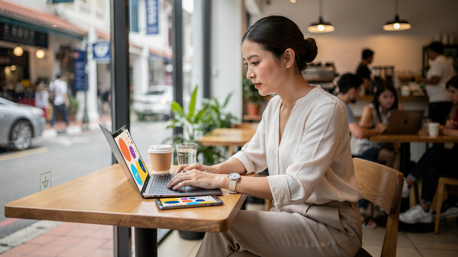 Seorang wanita Asia, mengenakan pakaian kasual, sedang bekerja serius di laptopnya di meja kafe yang ramai di area Bugis, Singapura, dengan ponsel pintar di sampingnya yang menunjukkan aplikasi travel.