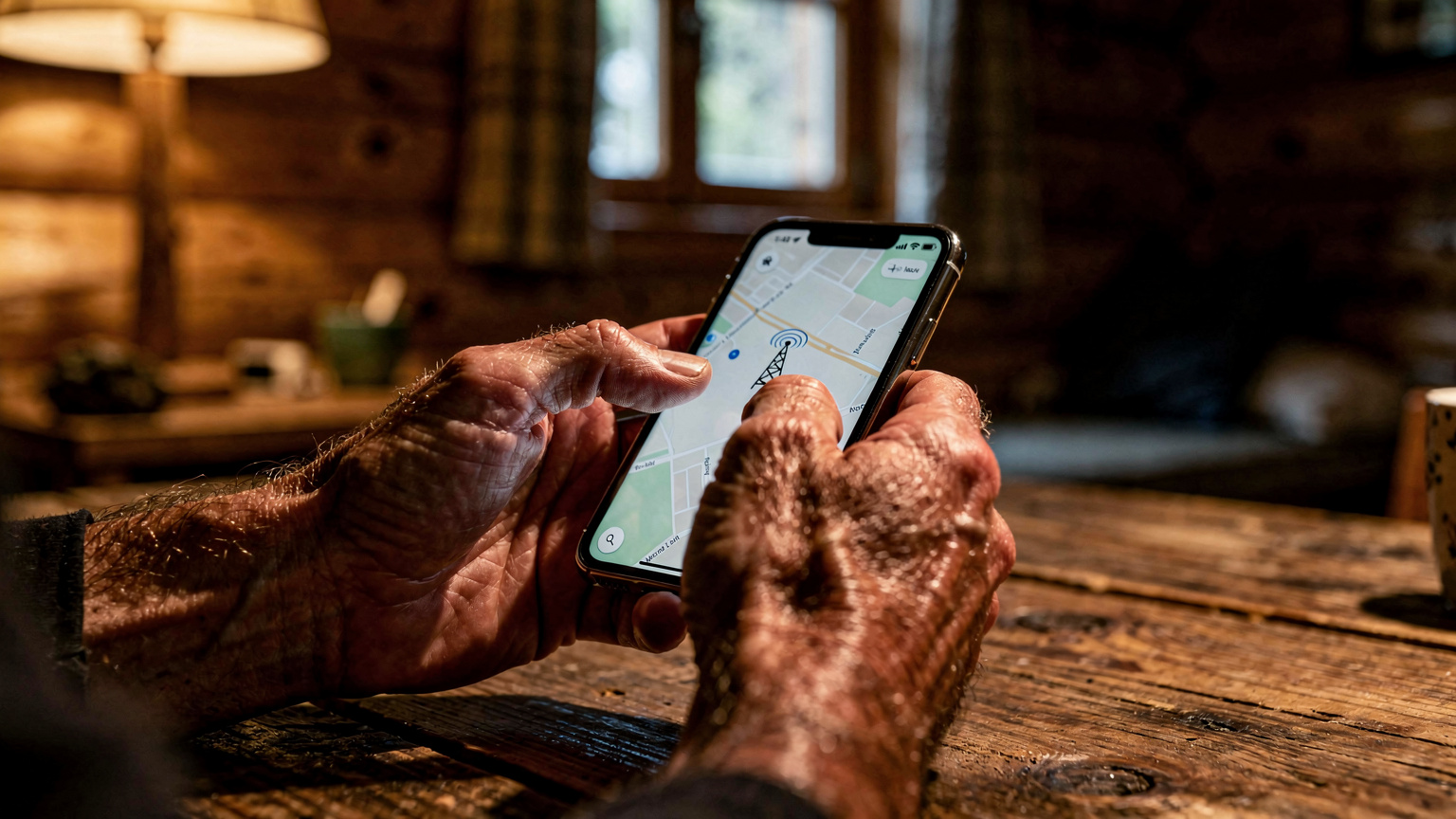 Close-up of a person's weathered hands holding a smartphone in a dimly lit, rustic mountain cabin, the phone displaying a map application with a faint, intermittent cell tower icon, suggesting a struggle for connectivity.
