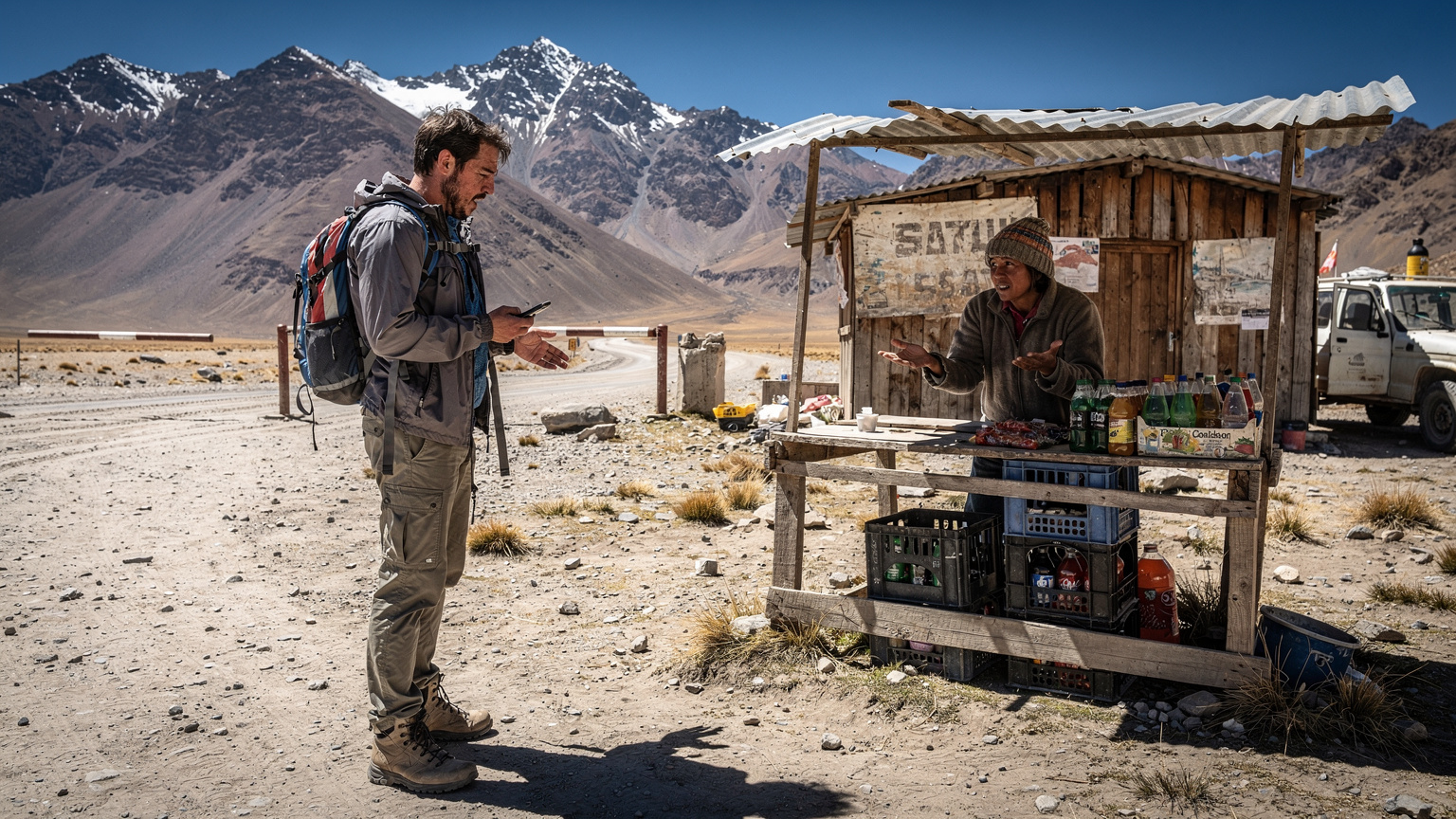 A lone traveler with a weary expression, holding a smartphone at a dusty, remote border crossing in the high Andes, trying to communicate about a physical SIM card with a local vendor in a small, makeshift stall. Mountains loom in the background under a harsh sun.