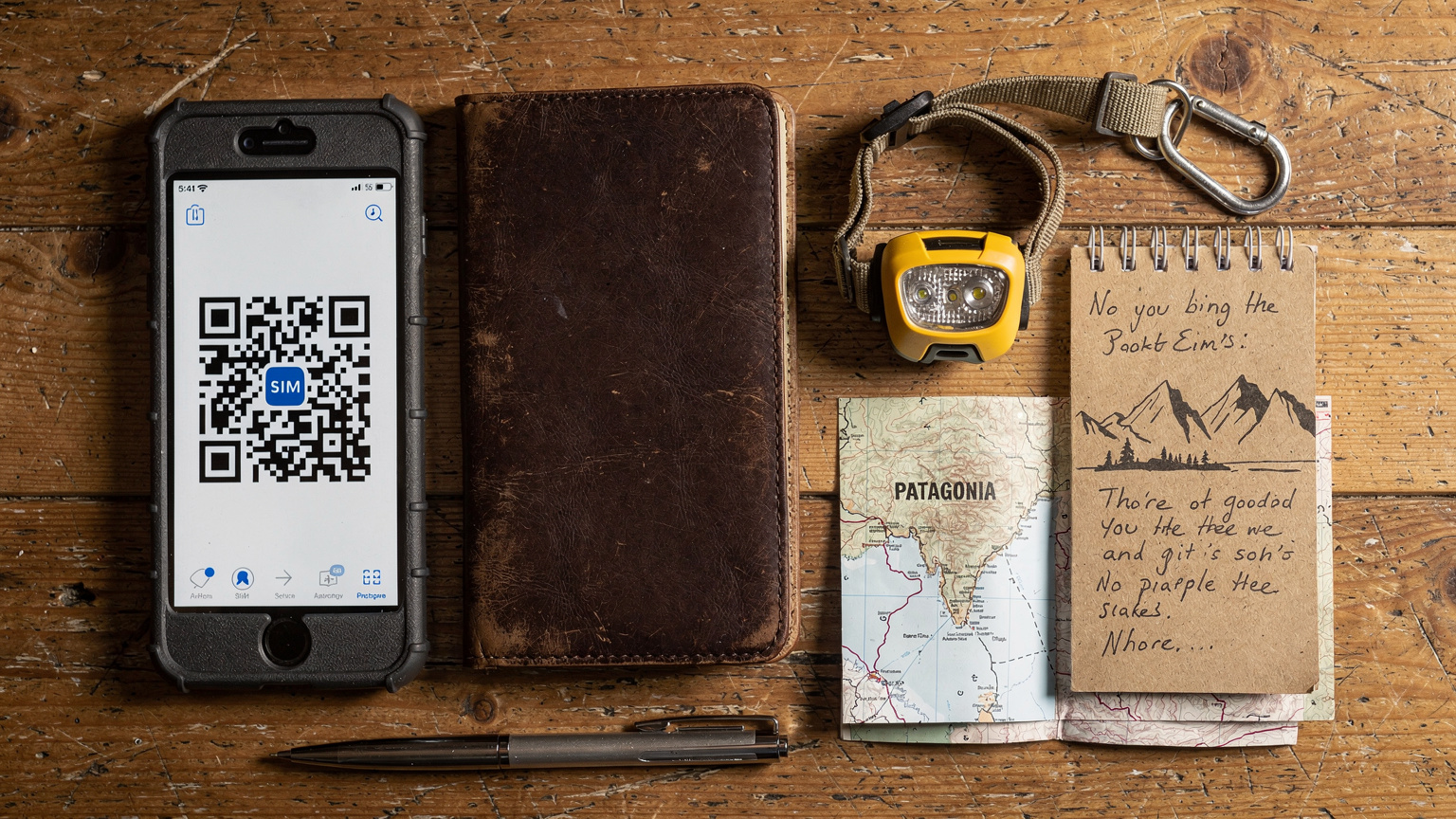 An overhead flat-lay of an overland traveler's essential items: a rugged smartphone displaying an eSIM QR code, a well-worn leather passport, a folded paper map of Patagonia, a headlamp, and a small, spiral-bound travel notebook with handwritten notes.