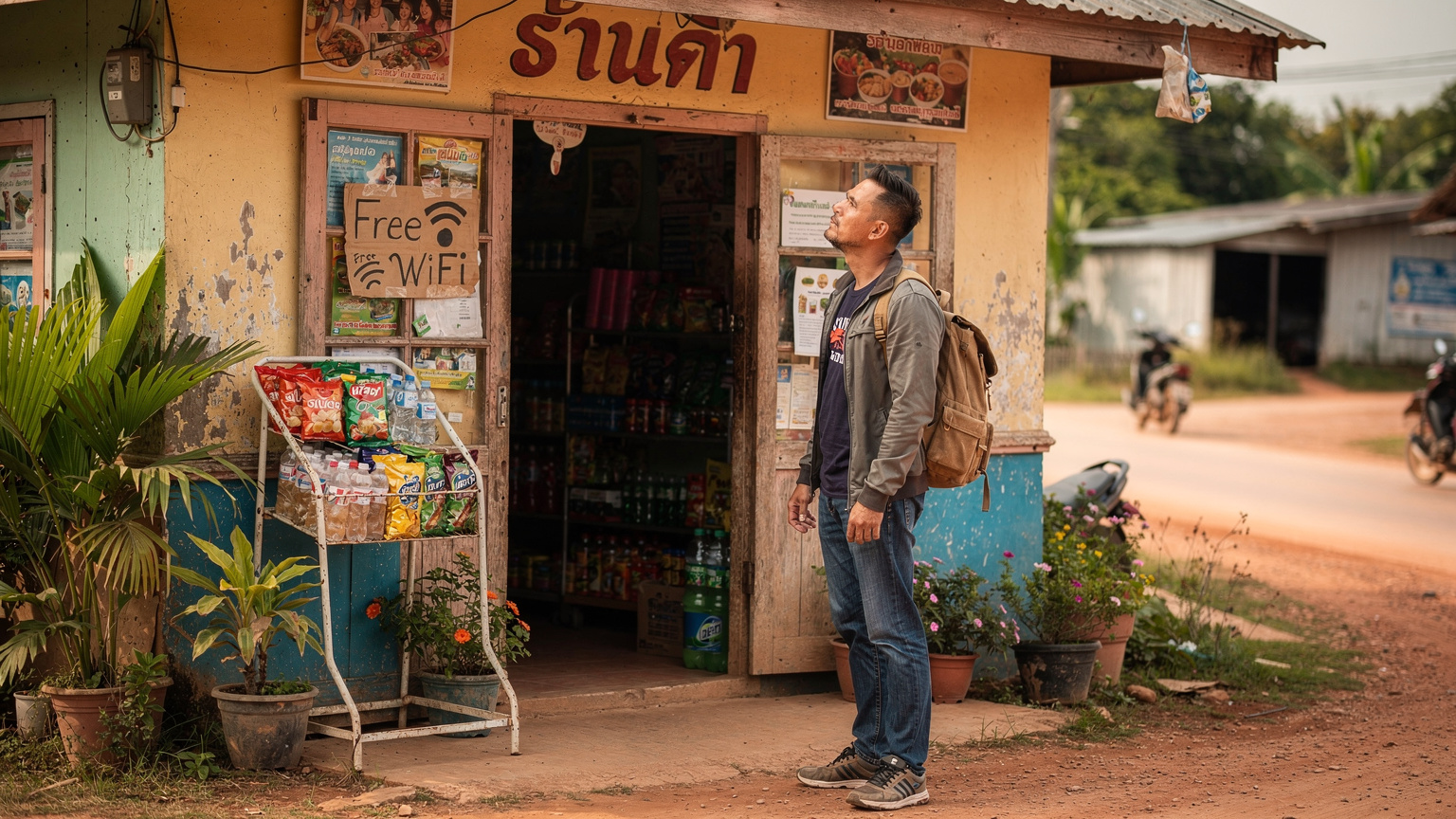 A traveler standing outside a rural Thai general store, looking at a small, hand-written sign advertising 'Free WiFi' with a weak signal icon, reflecting the common challenge of finding reliable internet in remote Southeast Asian villages.