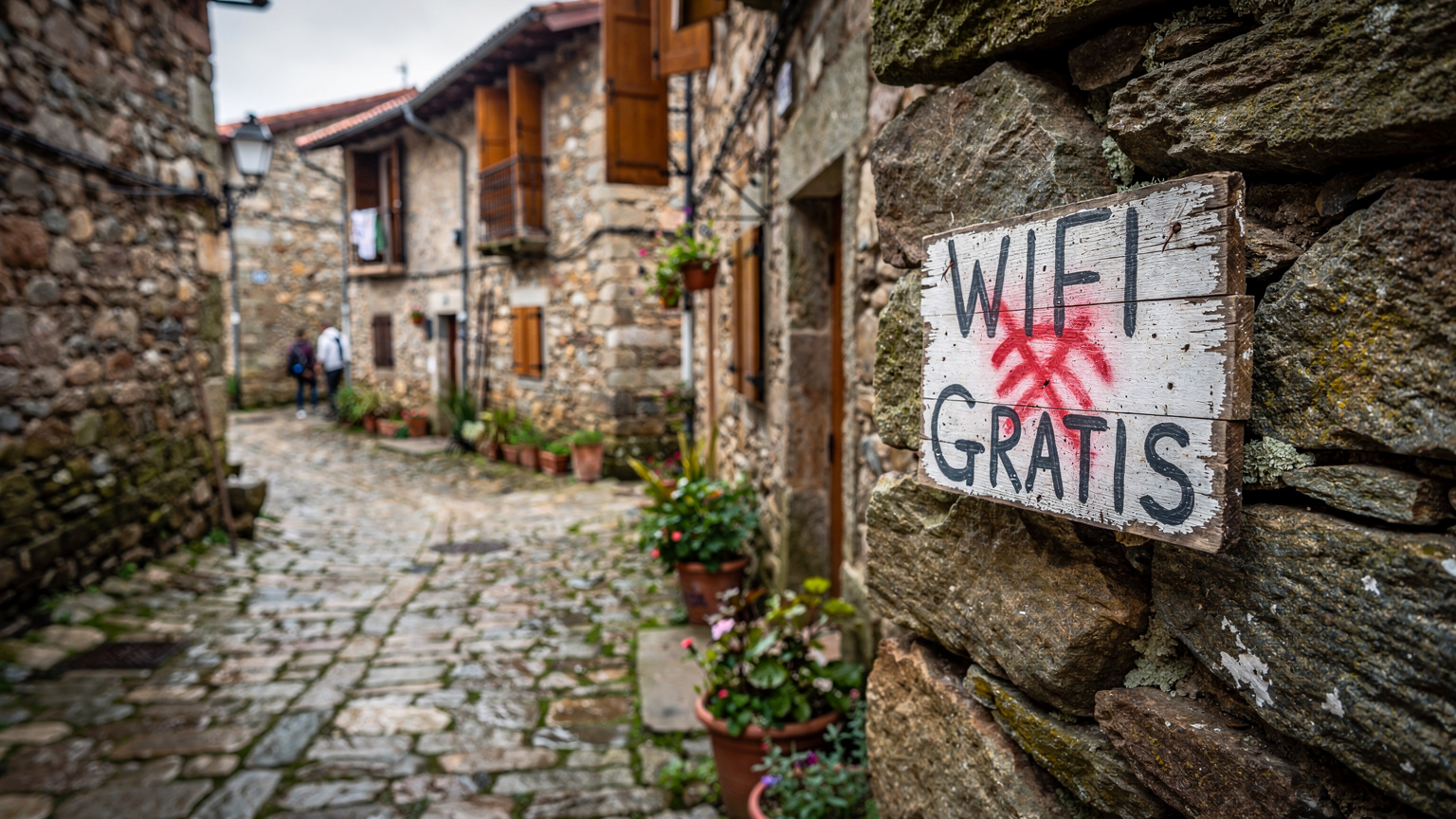 Uliczka w małym hiszpańskim miasteczku na szlaku Camino de Santiago. Na tle tradycyjnego kamiennego budynku widnieje mała, odręczna tabliczka "WiFi Gratis", ale sieć ledwo działa, co oddaje poczucie zawodności publicznego internetu.