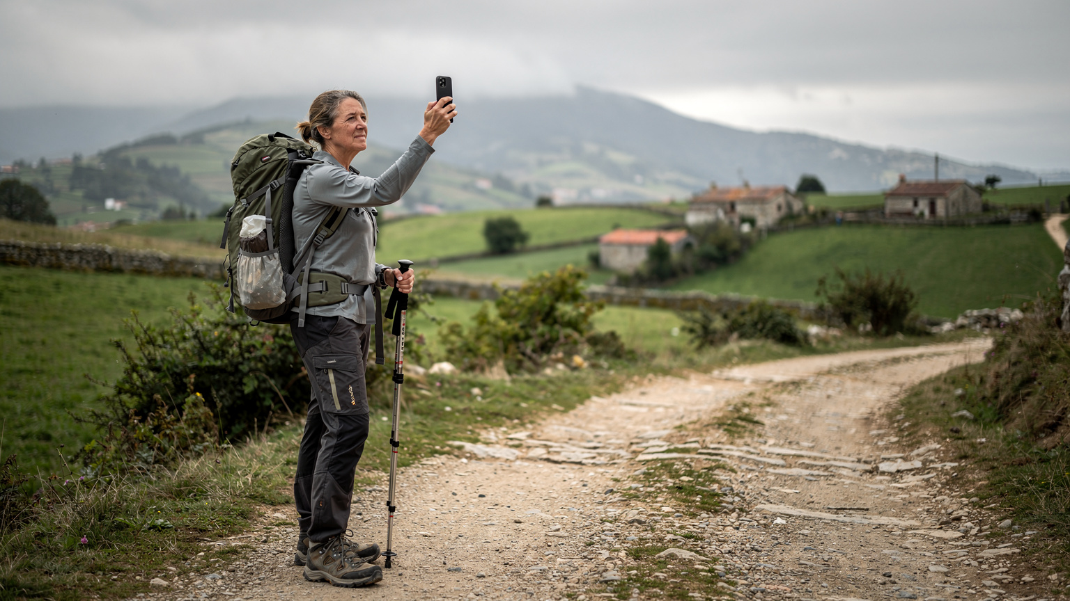 Pielgrzymka na Camino de Santiago. Kobieta w średnim wieku z plecakiem i kijami trekkingowymi, zamyślona, spogląda na swój telefon w poszukiwaniu zasięgu na tle malowniczego, wiejskiego krajobrazu.