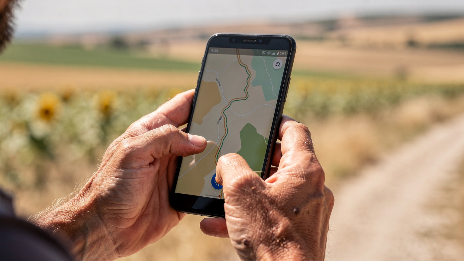 Zbliżenie na dłonie pielgrzyma, który trzyma smartfon z otwartą aplikacją mapy, wskazującą trasę Camino de Santiago. W tle delikatnie rozmyty krajobraz hiszpański.