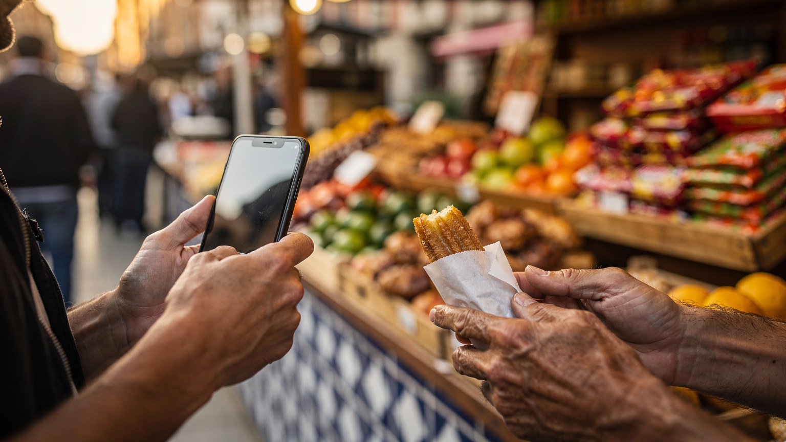 A traveler in Pamplona using a translation app on their smartphone to communicate with a local vendor, highlighting the necessity of data for real-time interactions.