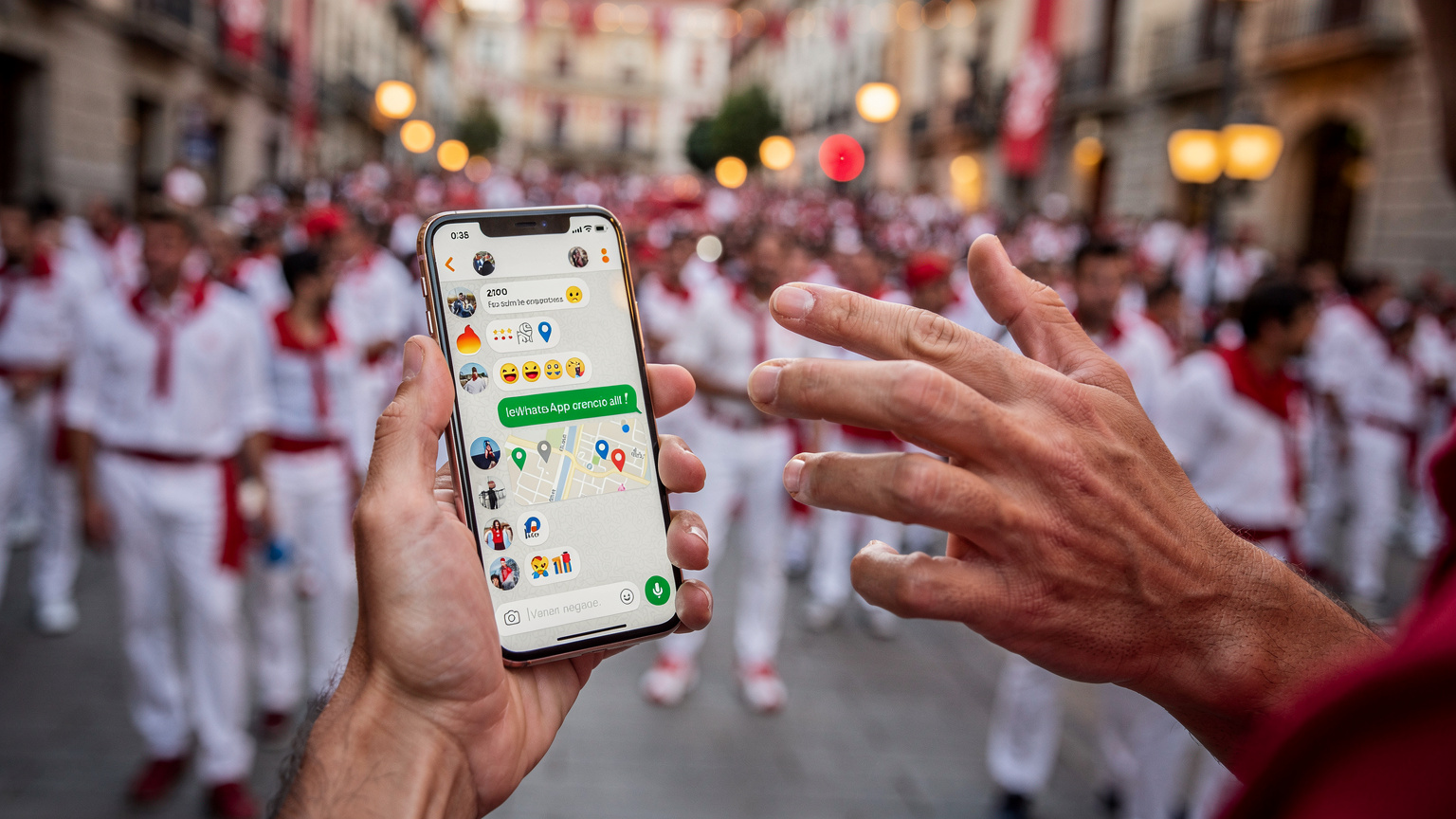 A close-up of hands holding a smartphone, with a WhatsApp group chat open, showing friends coordinating plans during a lively festival setting in Pamplona.