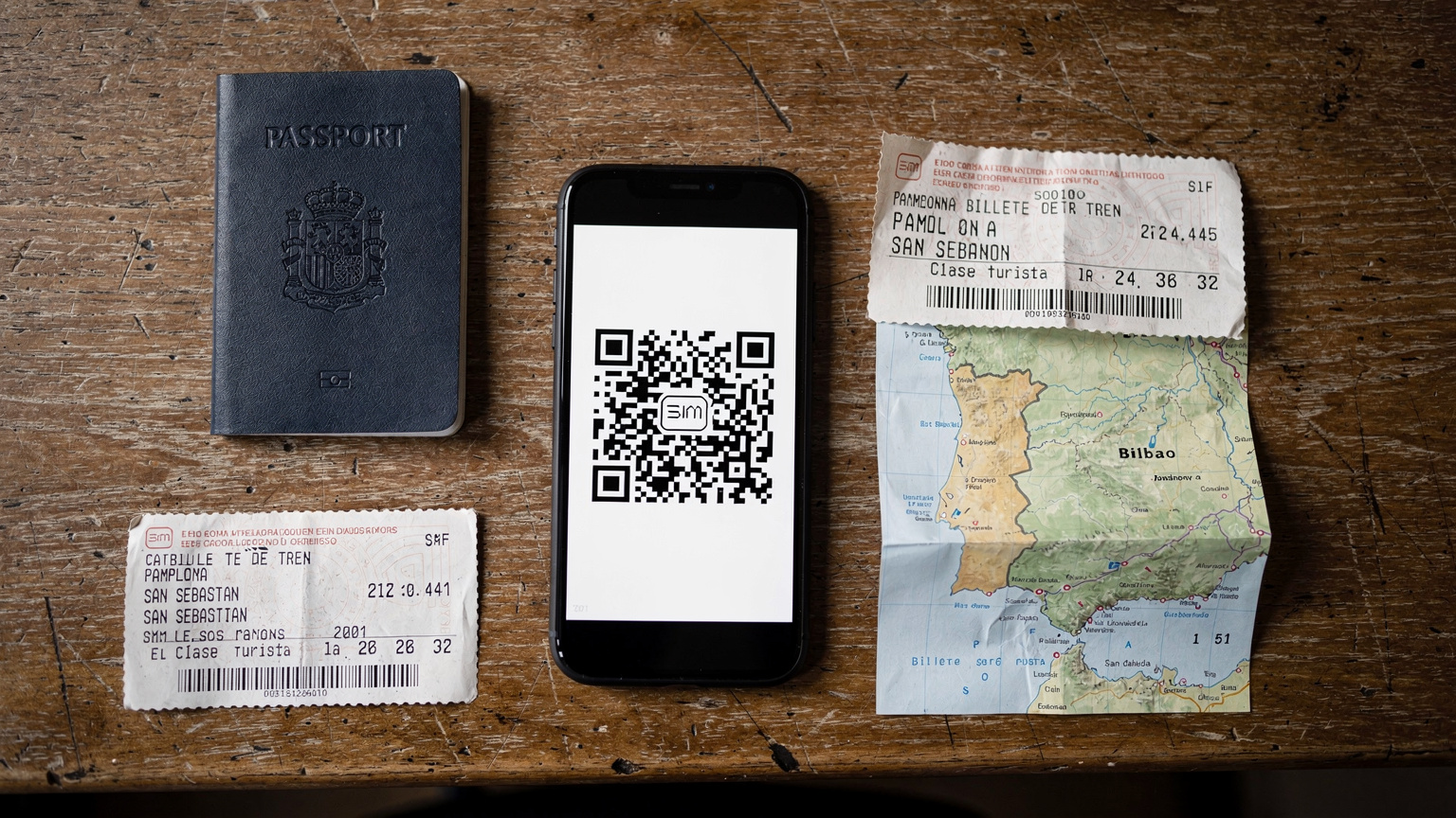 An overhead flat-lay shot of a traveler's essentials: passport, smartphone with an eSIM QR code, local train ticket, and a map of northern Spain, suggesting onward travel.