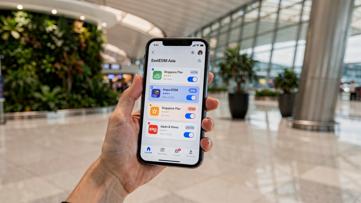 Bir annenin elinde tuttuğu akıllı telefon ekranında, EastESIM uygulaması açık ve Asya için eSIM paketleri gösteriliyor, arka planda bulanık bir şekilde Singapur Changi Havalimanı'nın modern iç mekanı görünüyor.
