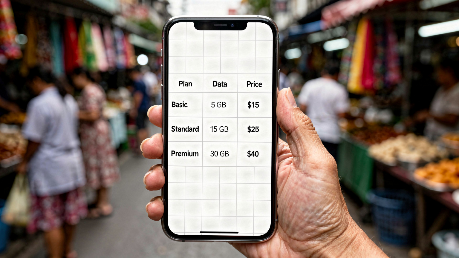 Bir annenin elinde tuttuğu akıllı telefon ekranında, Asya'daki bir destinasyon için eSIM veri paketlerinin karşılaştırmalı tablosu açık, arka planda bulanık bir şekilde hareketli bir Bangkok pazarı görünüyor.