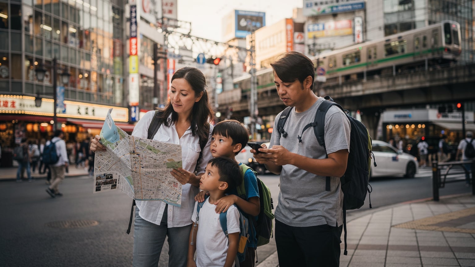 Une famille de nomades digitaux regardant une carte et un téléphone dans les rues animées de Tokyo, recherchant le chemin vers un temple local.