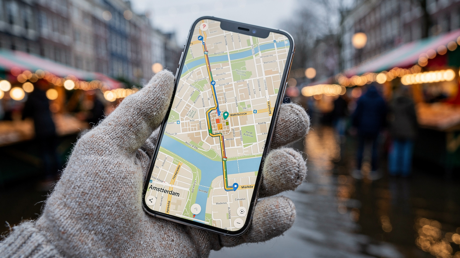A close-up of a smartphone screen showing a detailed map of Amsterdam with a route highlighted to a Christmas market, held by a hand wearing a warm glove against a blurred background of festive stalls.
