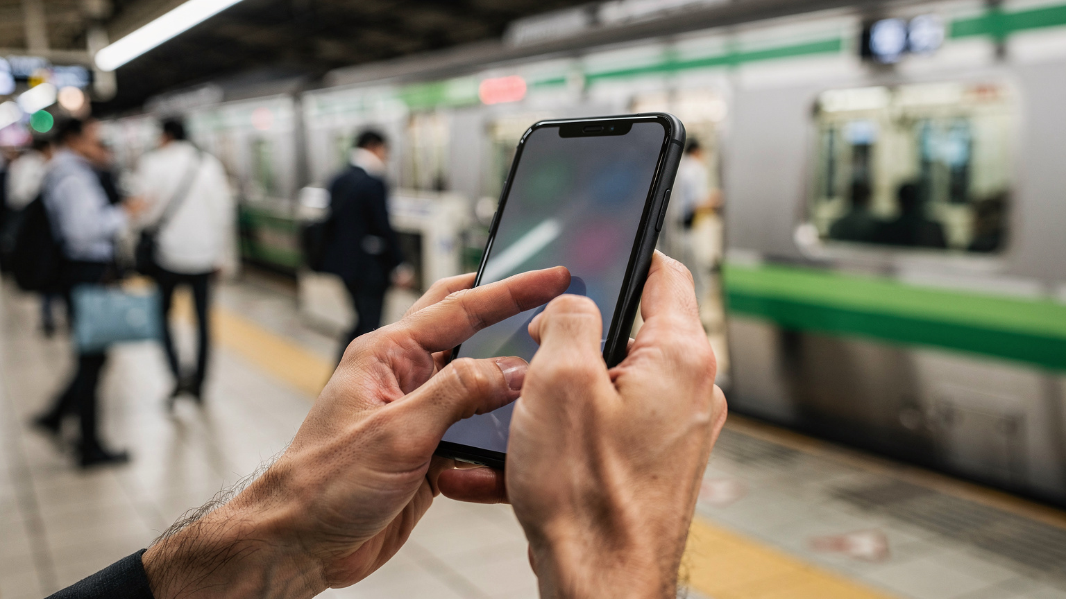 A close-up of a traveller's hands deftly navigating their smartphone to check network settings, with a blurry background of a bustling Tokyo train station platform, illustrating the need for reliable connectivity on the go.