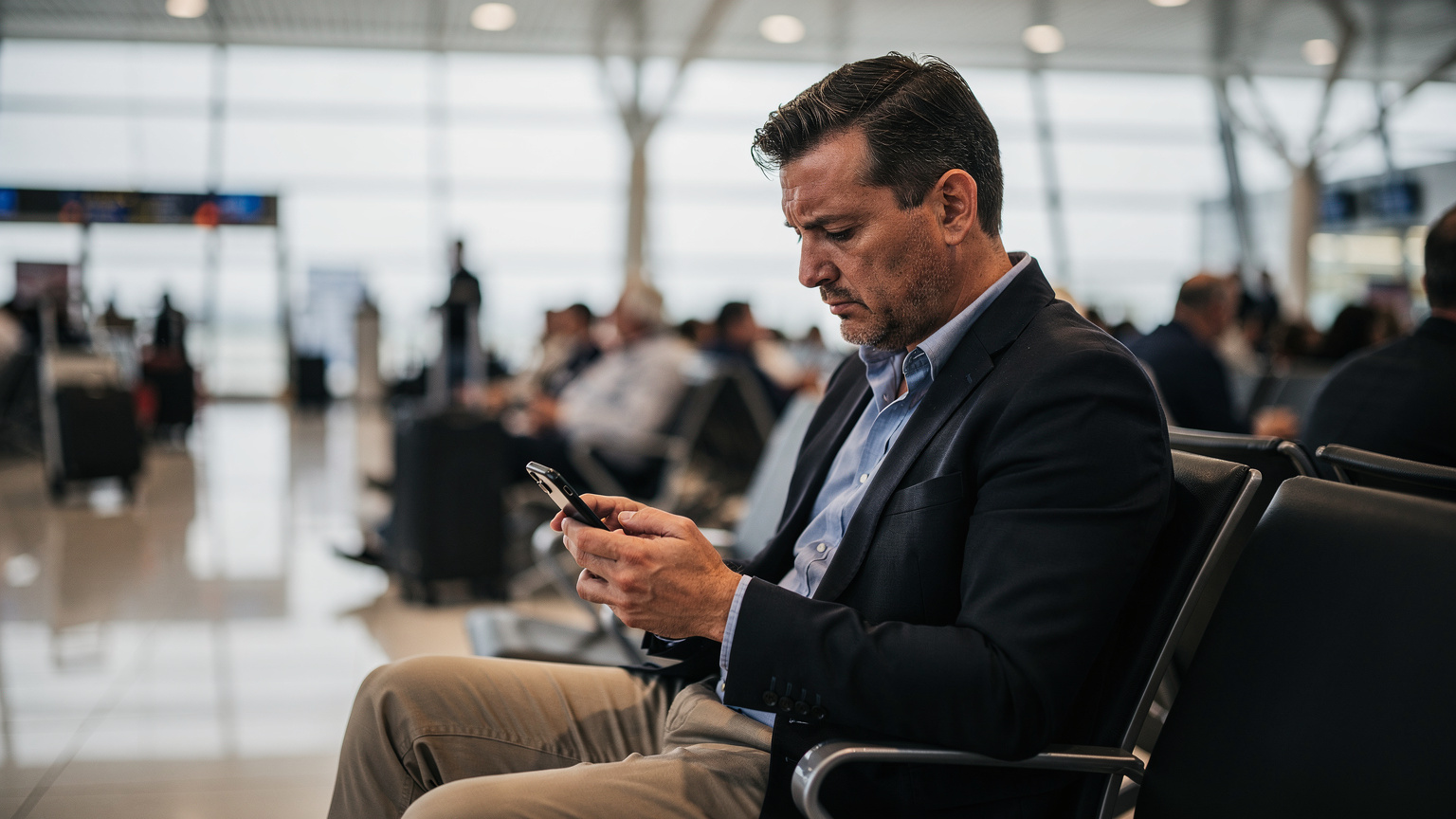 A business traveller looking at their phone with a slight frown, indicating a connectivity issue, in a crowded airport departure lounge, visually representing the frustration of unreliable mobile data.