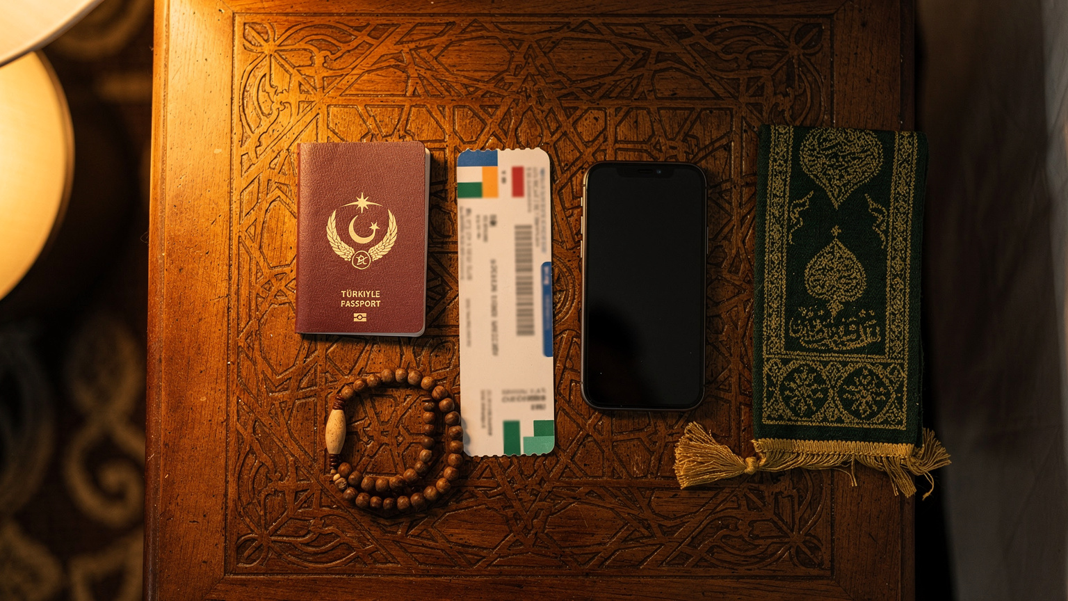 Bir hacı, otel odasında pasaportunu, biniş kartını ve cep telefonunu bir masanın üzerinde düzenlemiş, seyahat planını inceliyor. Odanın kültürel motifleri var.