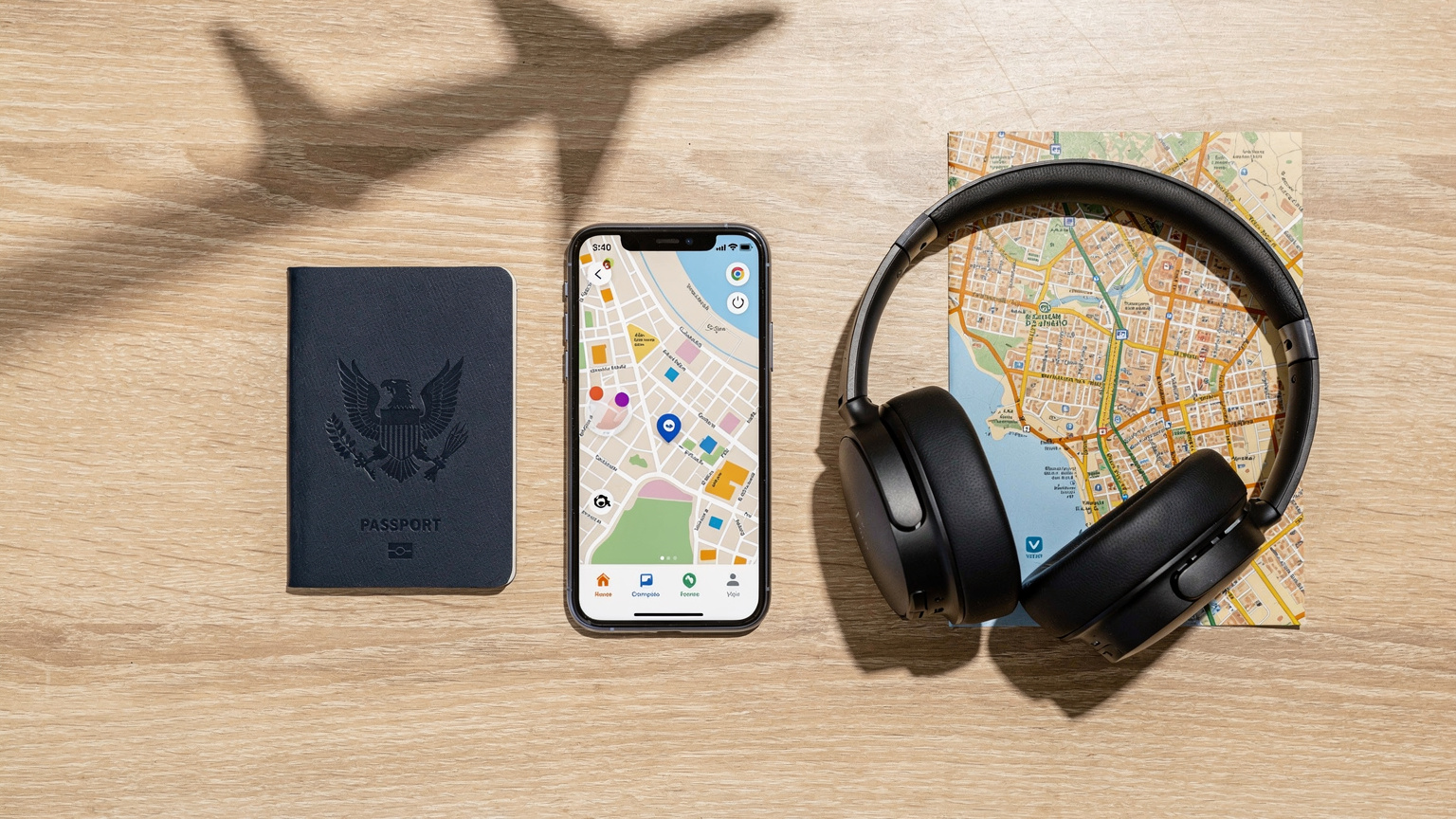 An overhead flat-lay of travel essentials: a passport, a smartphone displaying a map app, noise-cancelling headphones, and a small, neatly folded local map from Rio de Janeiro, with a faint shadow of a plane wing on the table.