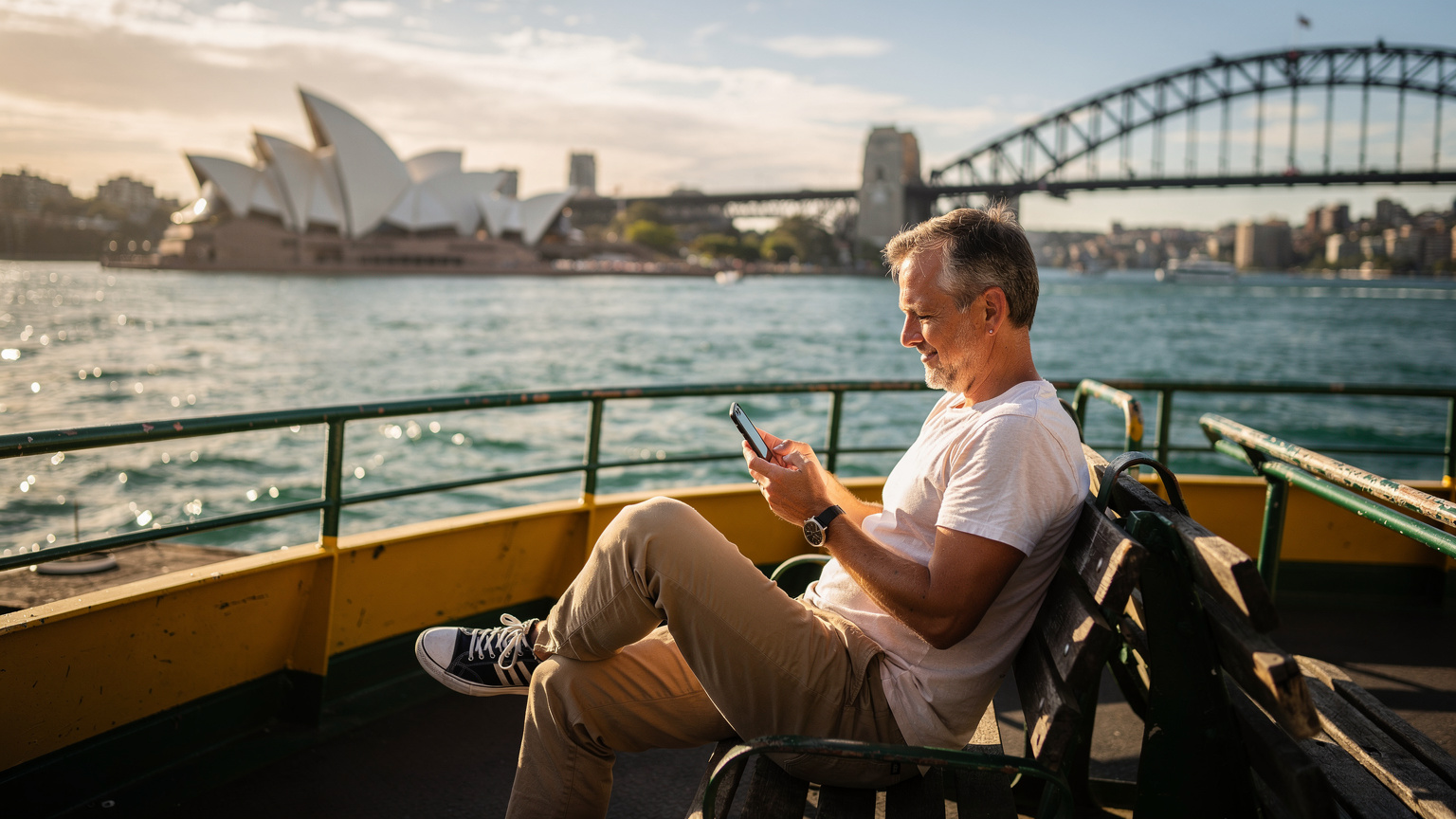 A person using their phone on a Sydney ferry, with the iconic Opera House and Harbour Bridge visible in the background, illustrating effortless connectivity.