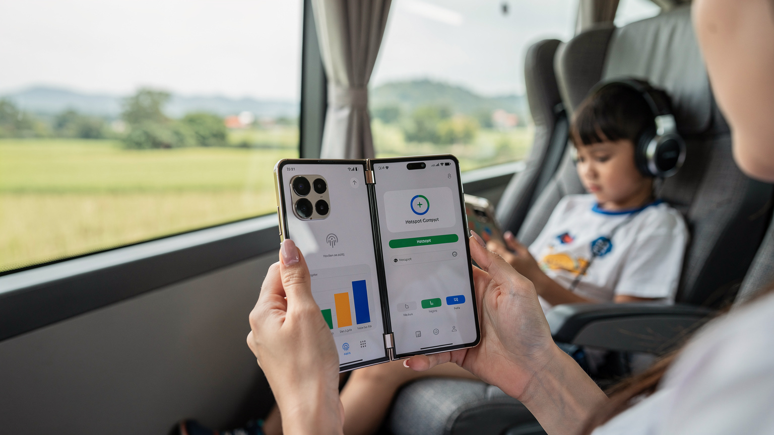 Vietnam'da bir otobüs yolculuğu sırasında, bir çocuk iPad'inde offline bir çizgi film izlerken, ebeveyni Samsung Galaxy Fold 6'sından mobil erişim noktasını kontrol ediyor, ekranında veri kullanım istatistikleri görünüyor.